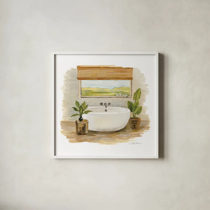 Sunny Spa II by Silvia Vassileva. Shown in a crisp white glass frame for a clean and minimalist style. Available as an archival giclee rolled canvas, fine art paper, or poster print. SKU 62198a.