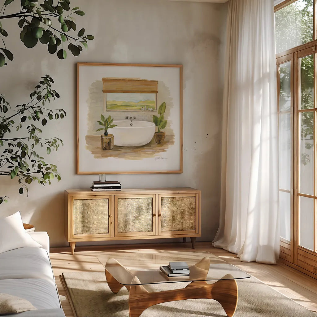 Sunny Spa II by Silvia Vassileva. Shown in a natural wood frame in a cozy modern living room. Available as an archival giclee rolled canvas, fine art paper, or poster print. SKU 62198a.