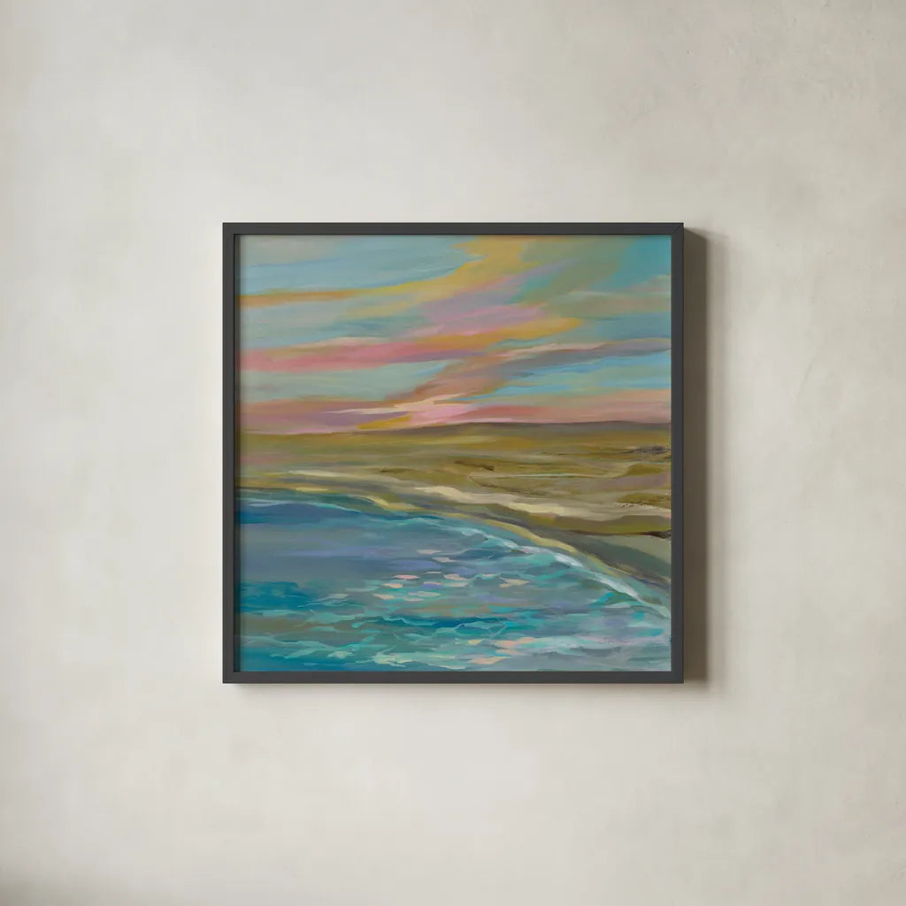 Sunrise Dunes by Silvia Vassileva. Shown in a sleek black glass frame for a contemporary gallery look. Available as an archival giclee rolled canvas, fine art paper, or poster print. SKU 67016a.