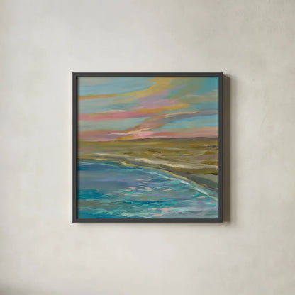 Sunrise Dunes by Silvia Vassileva. Shown in a sleek black glass frame for a contemporary gallery look. Available as an archival giclee rolled canvas, fine art paper, or poster print. SKU 67016a.