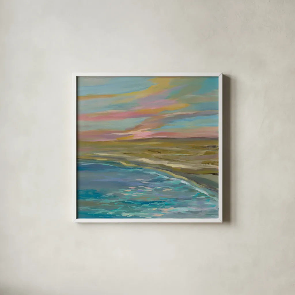 Sunrise Dunes by Silvia Vassileva. Shown in a crisp white glass frame for a clean and minimalist style. Available as an archival giclee rolled canvas, fine art paper, or poster print. SKU 67016a.