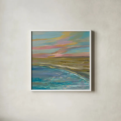 Sunrise Dunes by Silvia Vassileva. Shown in a crisp white glass frame for a clean and minimalist style. Available as an archival giclee rolled canvas, fine art paper, or poster print. SKU 67016a.