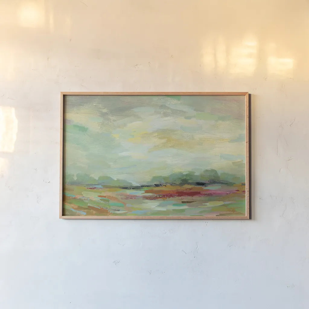 Sunrise Field by Silvia Vassileva. shown as a paper print in a natural frame. Available as a archival giclee rolled canvas, fine art paper, or poster print. SKU 27123i.