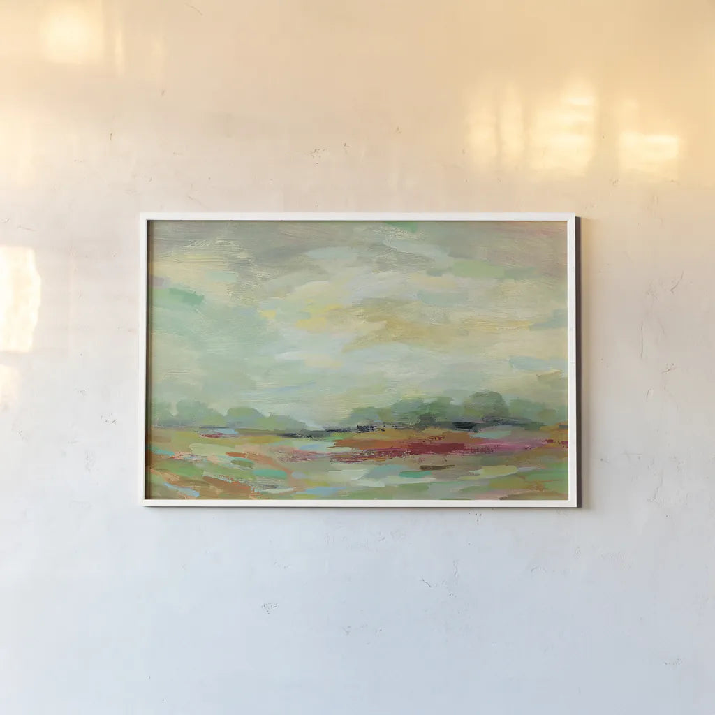 Sunrise Field by Silvia Vassileva. shown as a paper print in a white frame. Available as a archival giclee rolled canvas, fine art paper, or poster print. SKU 27123i.