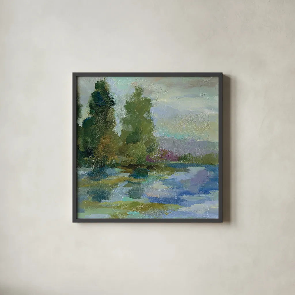 Sunrise at the Lake I by Silvia Vassileva. Shown in a sleek black glass frame for a contemporary gallery look. Available as an archival giclee rolled canvas, fine art paper, or poster print. SKU 20680a.