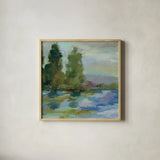 Sunrise at the Lake I by Silvia Vassileva. Shown in a natural wood glass frame for a timeless modern aesthetic. Available as an archival giclee rolled canvas, fine art paper, or poster print. SKU 20680a.