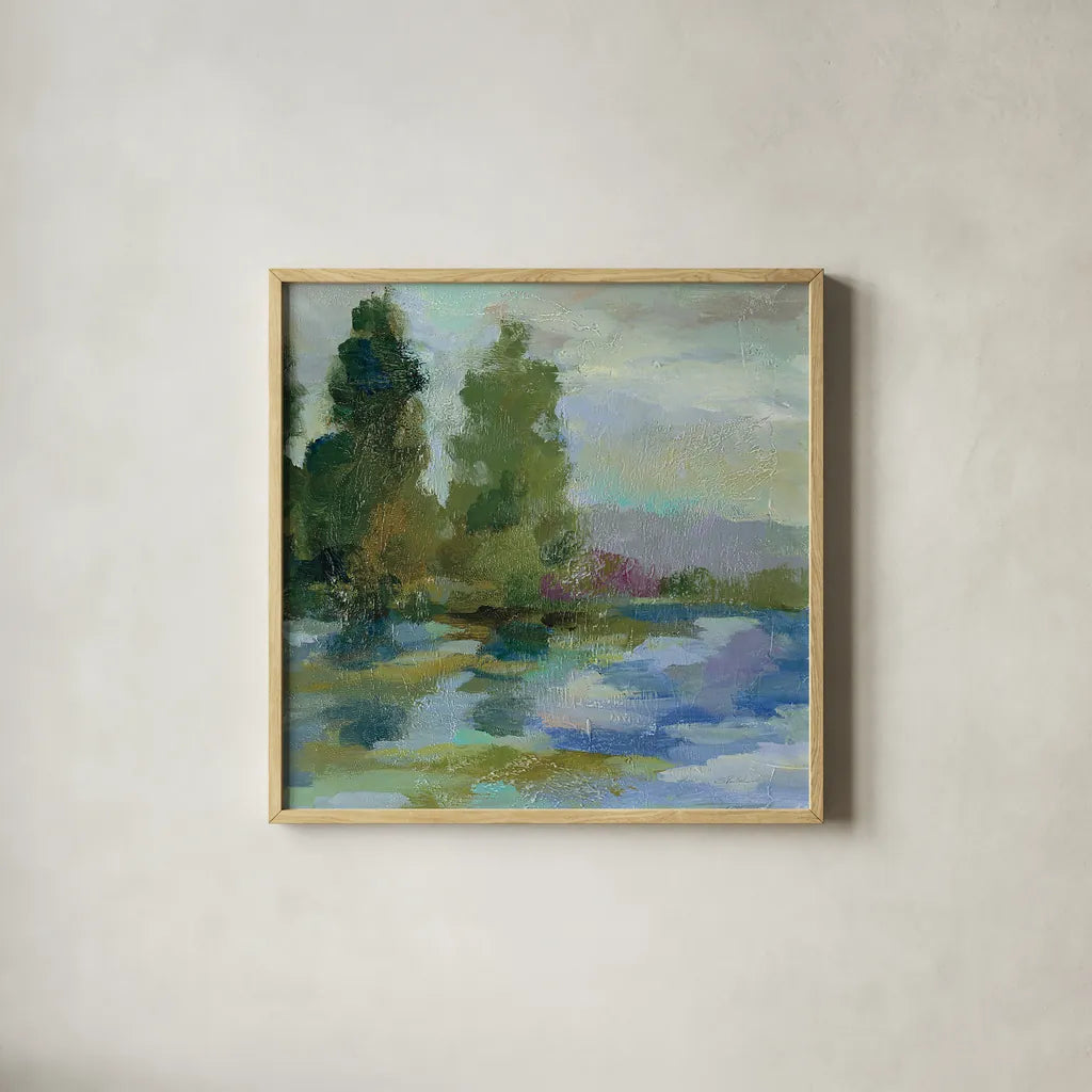 Sunrise at the Lake I by Silvia Vassileva. Shown in a natural wood glass frame for a timeless modern aesthetic. Available as an archival giclee rolled canvas, fine art paper, or poster print. SKU 20680a.