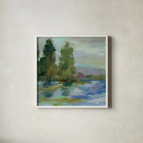 Sunrise at the Lake I by Silvia Vassileva. Shown in a crisp white glass frame for a clean and minimalist style. Available as an archival giclee rolled canvas, fine art paper, or poster print. SKU 20680a.