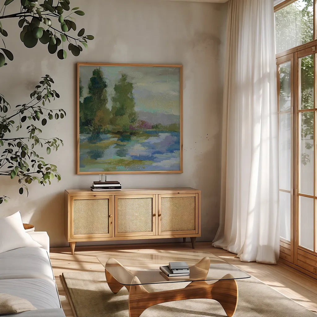 Sunrise at the Lake I by Silvia Vassileva. Shown in a natural wood frame in a cozy modern living room. Available as an archival giclee rolled canvas, fine art paper, or poster print. SKU 20680a.