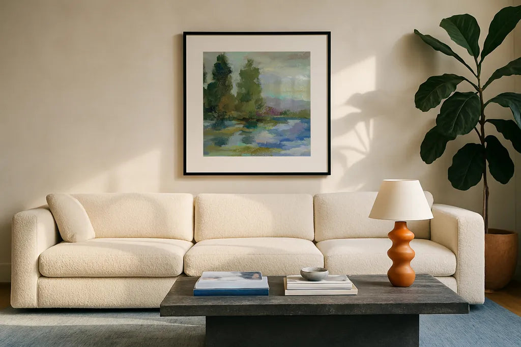 Sunrise at the Lake I by Silvia Vassileva. Displayed in a glass frame with matte in a clean modern living room. Available as an archival giclee rolled canvas, fine art paper, or poster print. SKU 20680a.