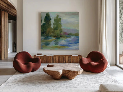Sunrise at the Lake I by Silvia Vassileva. Shown as extra-large giant wall art in a modern living room. Available as an archival giclee rolled canvas, fine art paper, or poster print. SKU 20680a.