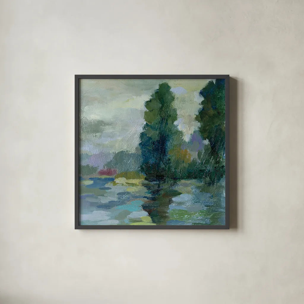Sunrise at the Lake II by Silvia Vassileva. Shown in a sleek black glass frame for a contemporary gallery look. Available as an archival giclee rolled canvas, fine art paper, or poster print. SKU 20681a.