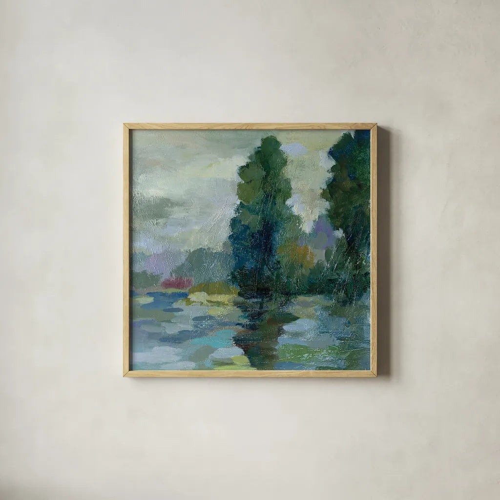 Sunrise at the Lake II by Silvia Vassileva. Shown in a natural wood glass frame for a timeless modern aesthetic. Available as an archival giclee rolled canvas, fine art paper, or poster print. SKU 20681a.