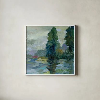 Sunrise at the Lake II by Silvia Vassileva. Shown in a crisp white glass frame for a clean and minimalist style. Available as an archival giclee rolled canvas, fine art paper, or poster print. SKU 20681a.