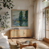 Sunrise at the Lake II by Silvia Vassileva. Shown in a natural wood frame in a cozy modern living room. Available as an archival giclee rolled canvas, fine art paper, or poster print. SKU 20681a.