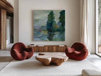 Sunrise at the Lake II by Silvia Vassileva. Shown as extra-large giant wall art in a modern living room. Available as an archival giclee rolled canvas, fine art paper, or poster print. SKU 20681a.