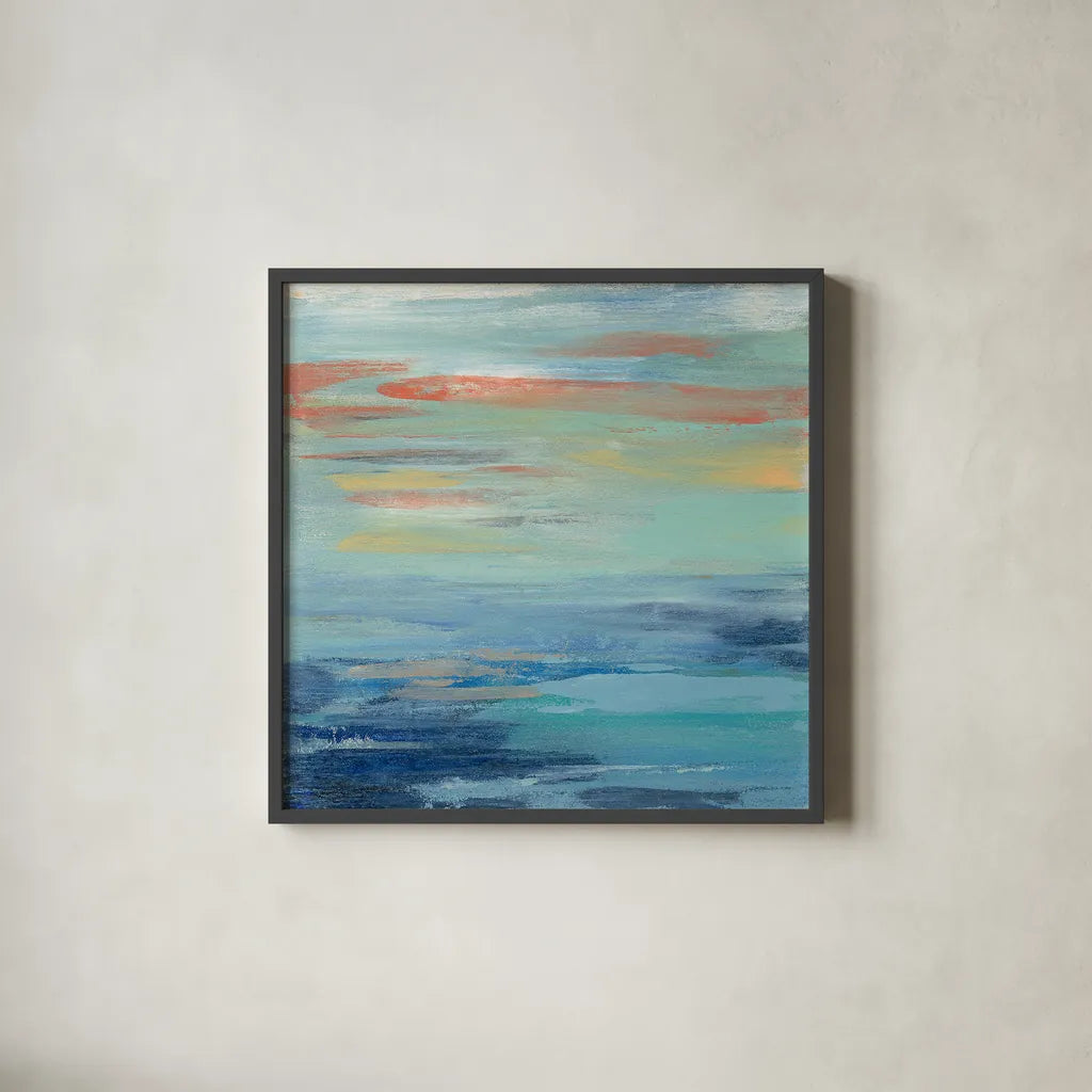 Sunset Beach I by Silvia Vassileva. Shown in a sleek black glass frame for a contemporary gallery look. Available as an archival giclee rolled canvas, fine art paper, or poster print. SKU 25216a.