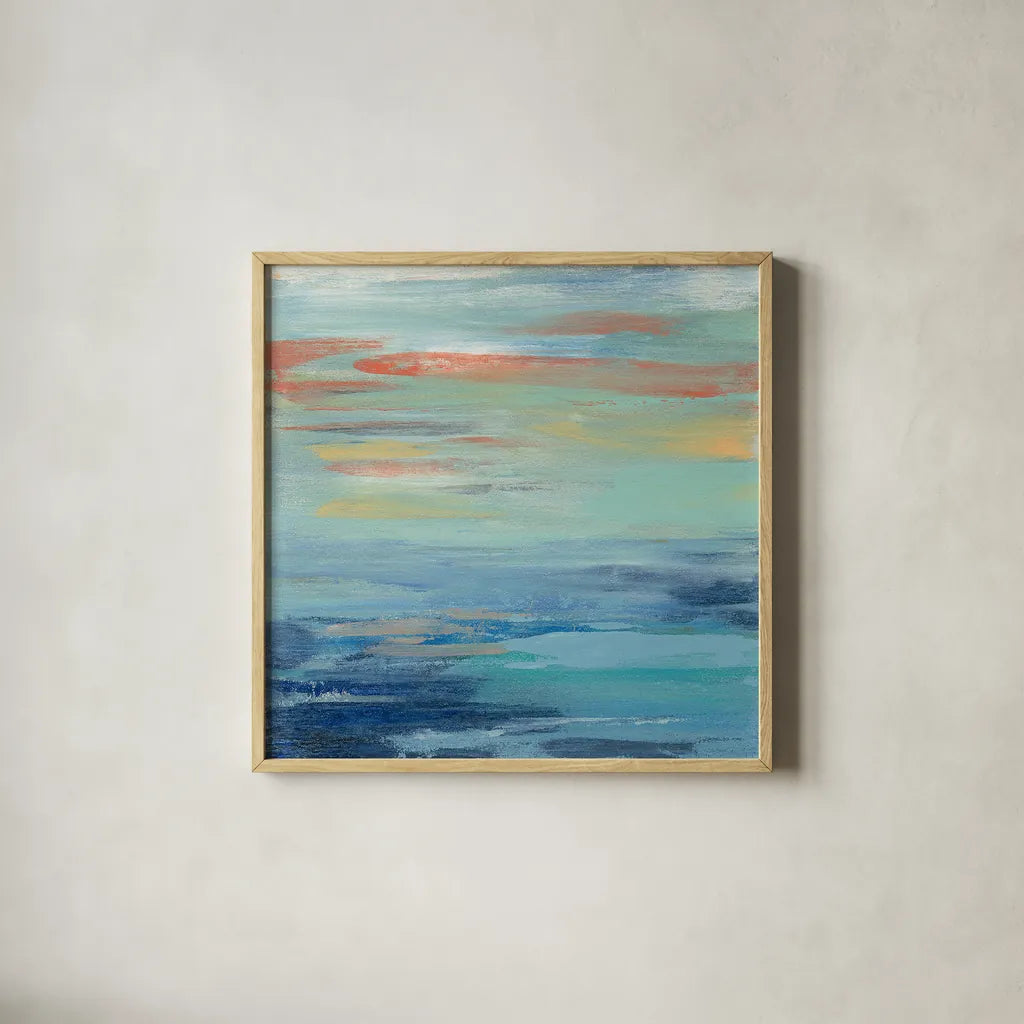 Sunset Beach I by Silvia Vassileva. Shown in a natural wood glass frame for a timeless modern aesthetic. Available as an archival giclee rolled canvas, fine art paper, or poster print. SKU 25216a.