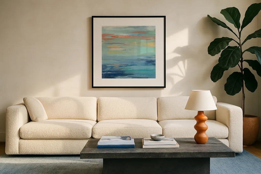 Sunset Beach I by Silvia Vassileva. Displayed in a glass frame with matte in a clean modern living room. Available as an archival giclee rolled canvas, fine art paper, or poster print. SKU 25216a.