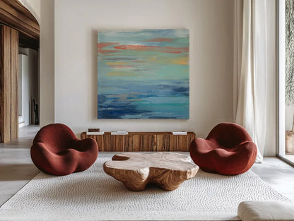 Sunset Beach I by Silvia Vassileva. Shown as extra-large giant wall art in a modern living room. Available as an archival giclee rolled canvas, fine art paper, or poster print. SKU 25216a.