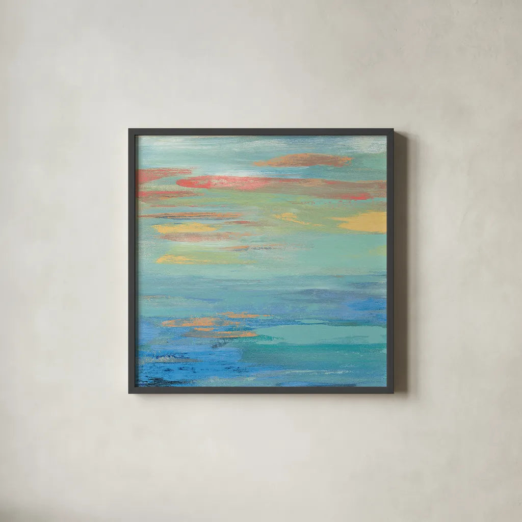 Sunset Beach I Bright by Silvia Vassileva. Shown in a sleek black glass frame for a contemporary gallery look. Available as an archival giclee rolled canvas, fine art paper, or poster print. SKU 33629a.