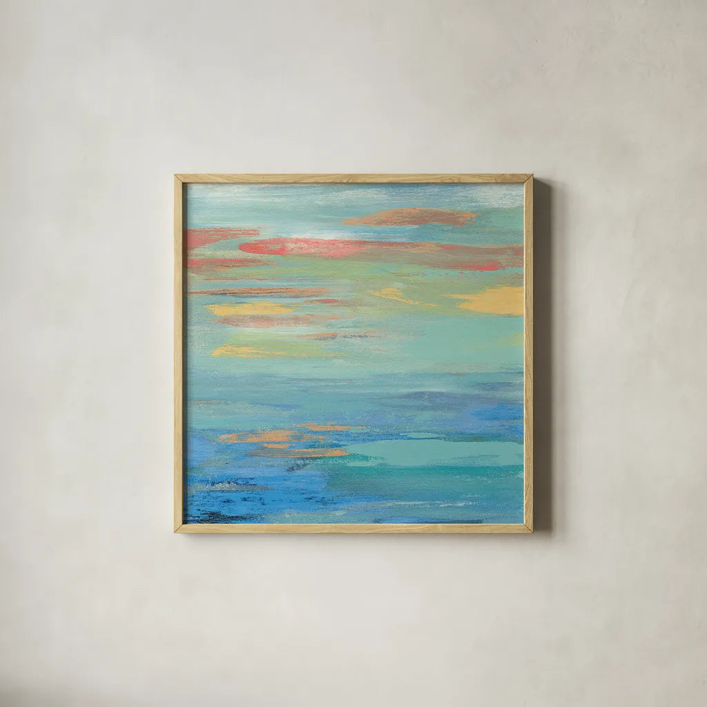 Sunset Beach I Bright by Silvia Vassileva. Shown in a natural wood glass frame for a timeless modern aesthetic. Available as an archival giclee rolled canvas, fine art paper, or poster print. SKU 33629a.