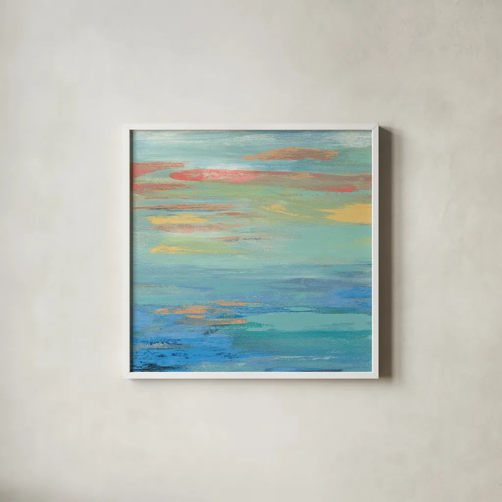 Sunset Beach I Bright by Silvia Vassileva. Shown in a crisp white glass frame for a clean and minimalist style. Available as an archival giclee rolled canvas, fine art paper, or poster print. SKU 33629a.