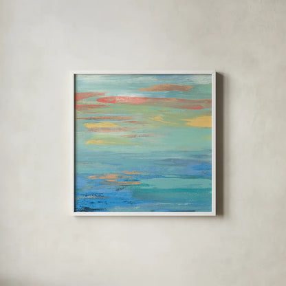 Sunset Beach I Bright by Silvia Vassileva. Shown in a crisp white glass frame for a clean and minimalist style. Available as an archival giclee rolled canvas, fine art paper, or poster print. SKU 33629a.