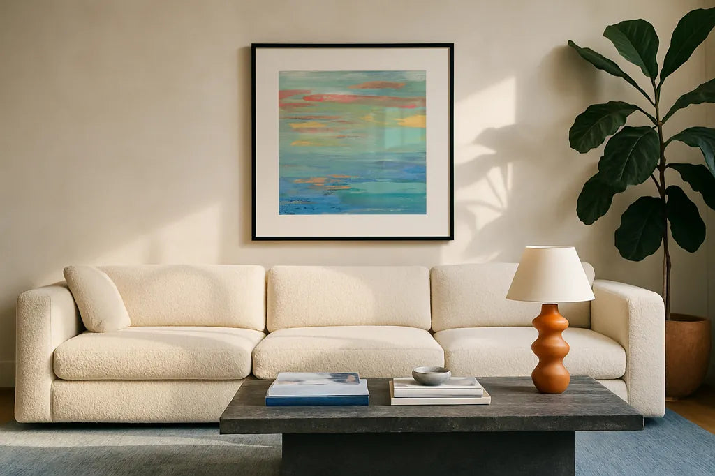Sunset Beach I Bright by Silvia Vassileva. Displayed in a glass frame with matte in a clean modern living room. Available as an archival giclee rolled canvas, fine art paper, or poster print. SKU 33629a.