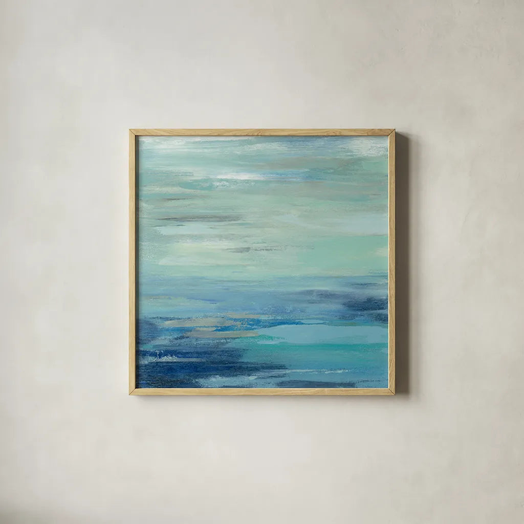 Sunset Beach I no Orange by Silvia Vassileva. Shown in a natural wood glass frame for a timeless modern aesthetic. Available as an archival giclee rolled canvas, fine art paper, or poster print. SKU 41855a.