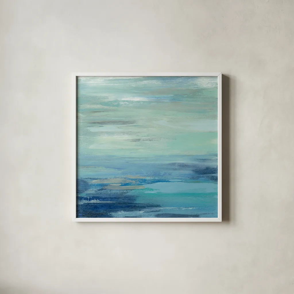 Sunset Beach I no Orange by Silvia Vassileva. Shown in a crisp white glass frame for a clean and minimalist style. Available as an archival giclee rolled canvas, fine art paper, or poster print. SKU 41855a.