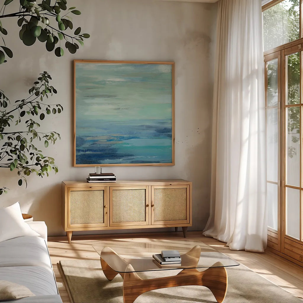 Sunset Beach I no Orange by Silvia Vassileva. Shown in a natural wood frame in a cozy modern living room. Available as an archival giclee rolled canvas, fine art paper, or poster print. SKU 41855a.