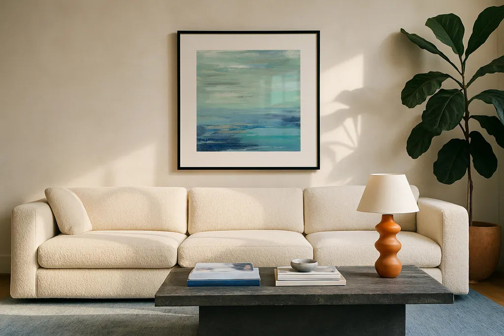Sunset Beach I no Orange by Silvia Vassileva. Displayed in a glass frame with matte in a clean modern living room. Available as an archival giclee rolled canvas, fine art paper, or poster print. SKU 41855a.