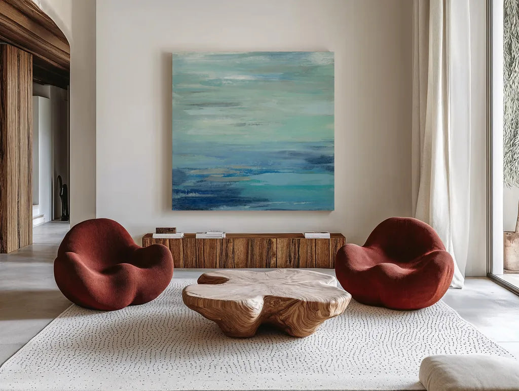 Sunset Beach I no Orange by Silvia Vassileva. Shown as extra-large giant wall art in a modern living room. Available as an archival giclee rolled canvas, fine art paper, or poster print. SKU 41855a.