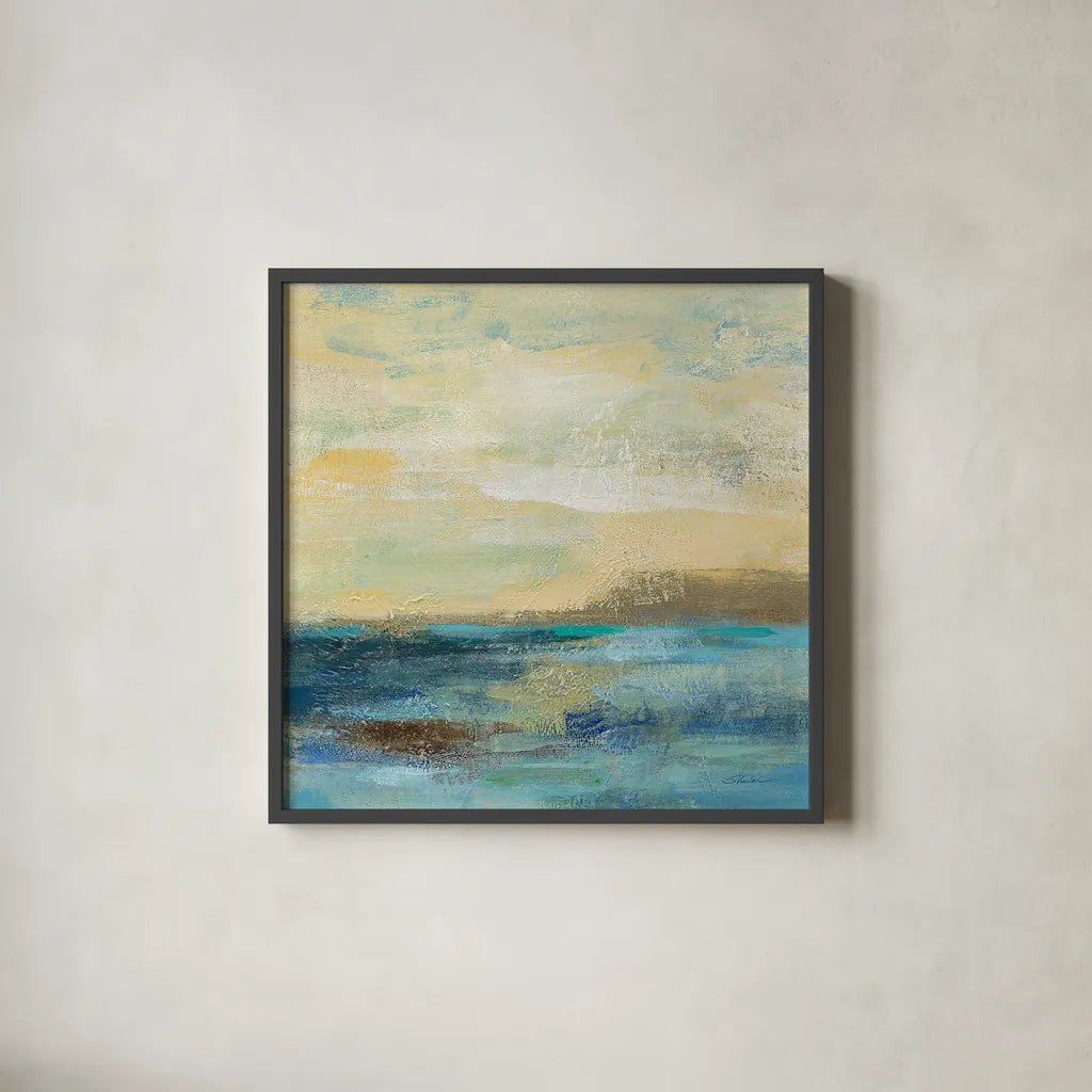 Sunset Beach II by Silvia Vassileva. Shown in a sleek black glass frame for a contemporary gallery look. Available as an archival giclee rolled canvas, fine art paper, or poster print. SKU 16049a.