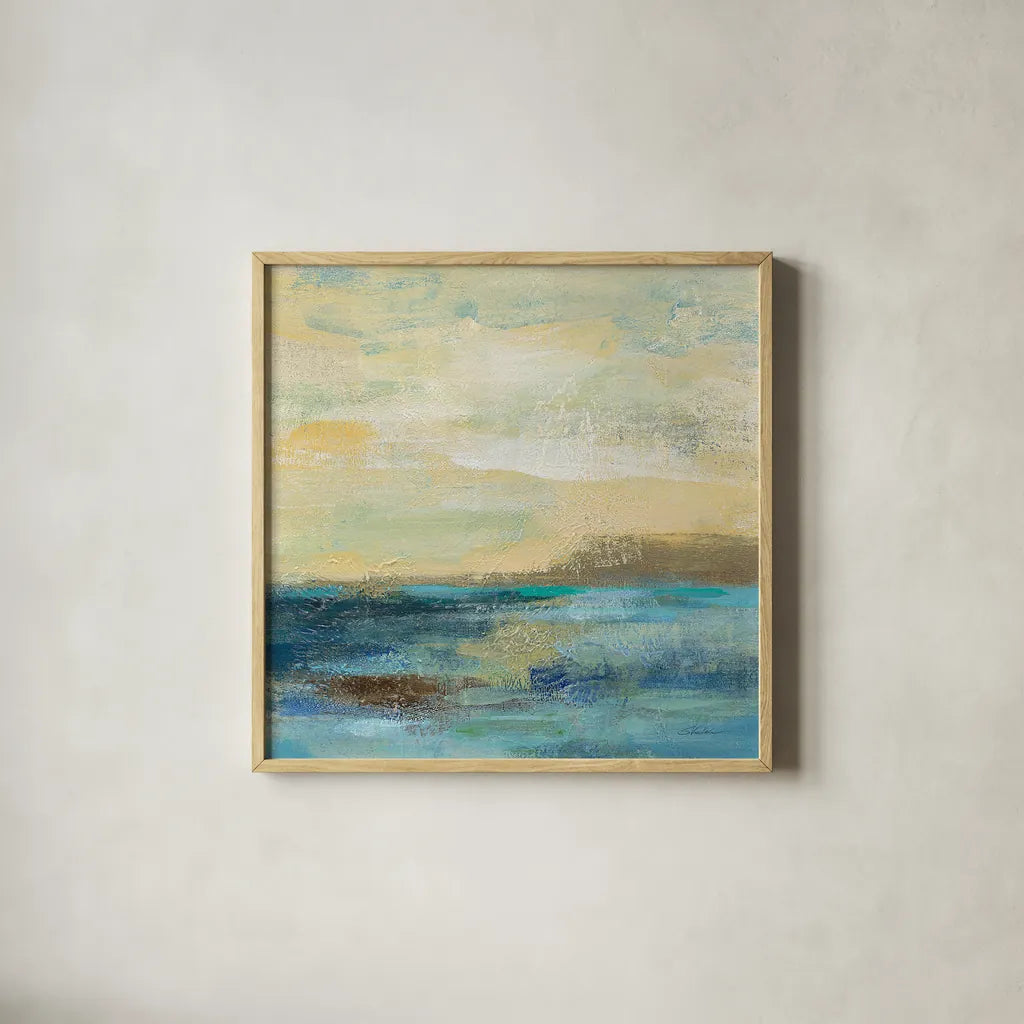 Sunset Beach II by Silvia Vassileva. Shown in a natural wood glass frame for a timeless modern aesthetic. Available as an archival giclee rolled canvas, fine art paper, or poster print. SKU 16049a.