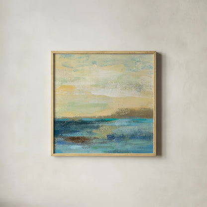 Sunset Beach II by Silvia Vassileva. Shown in a natural wood glass frame for a timeless modern aesthetic. Available as an archival giclee rolled canvas, fine art paper, or poster print. SKU 16049a.