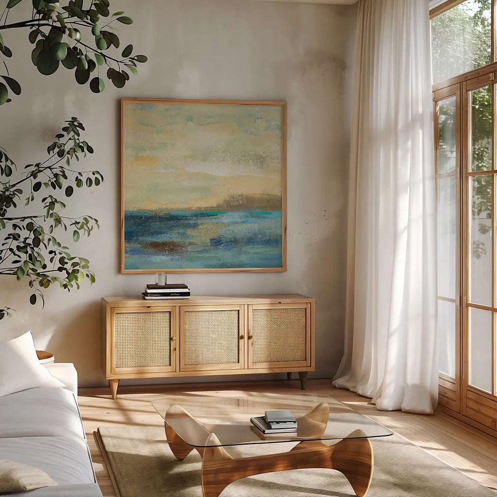 Sunset Beach II by Silvia Vassileva. Shown in a natural wood frame in a cozy modern living room. Available as an archival giclee rolled canvas, fine art paper, or poster print. SKU 16049a.