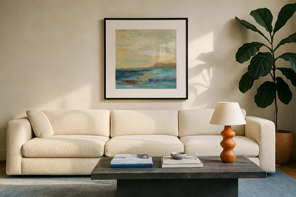 Sunset Beach II by Silvia Vassileva. Displayed in a glass frame with matte in a clean modern living room. Available as an archival giclee rolled canvas, fine art paper, or poster print. SKU 16049a.