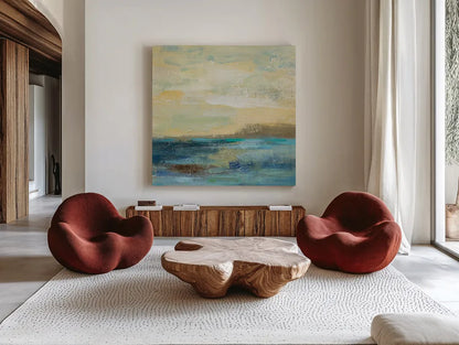 Sunset Beach II by Silvia Vassileva. Shown as extra-large giant wall art in a modern living room. Available as an archival giclee rolled canvas, fine art paper, or poster print. SKU 16049a.