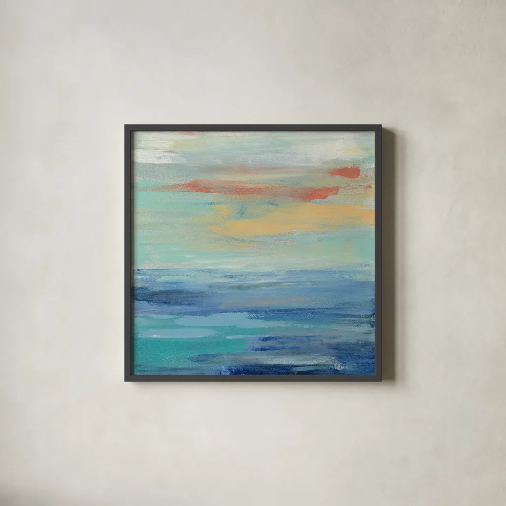 Sunset Beach II by Silvia Vassileva. Shown in a sleek black glass frame for a contemporary gallery look. Available as an archival giclee rolled canvas, fine art paper, or poster print. SKU 25217a.