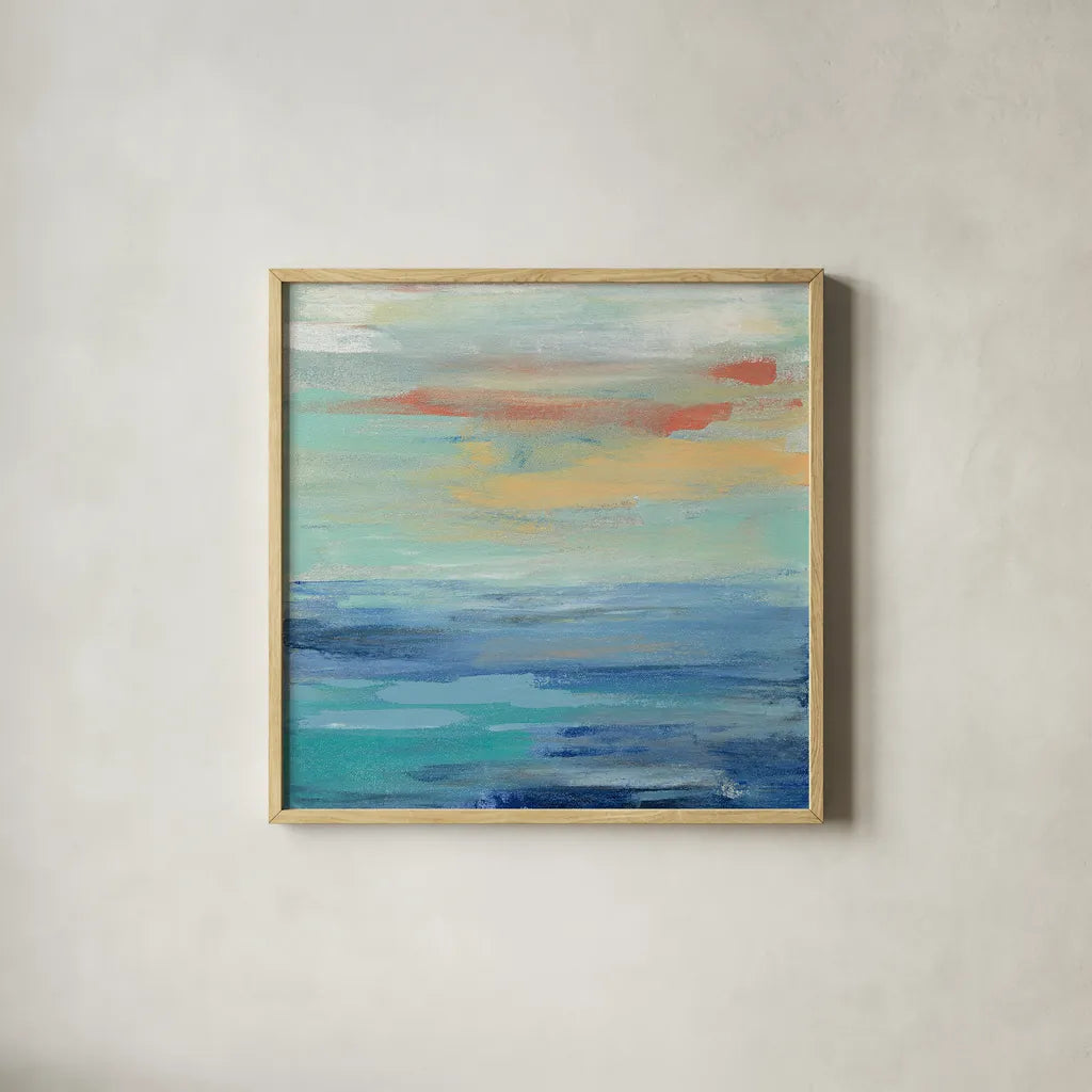 Sunset Beach II by Silvia Vassileva. Shown in a natural wood glass frame for a timeless modern aesthetic. Available as an archival giclee rolled canvas, fine art paper, or poster print. SKU 25217a.