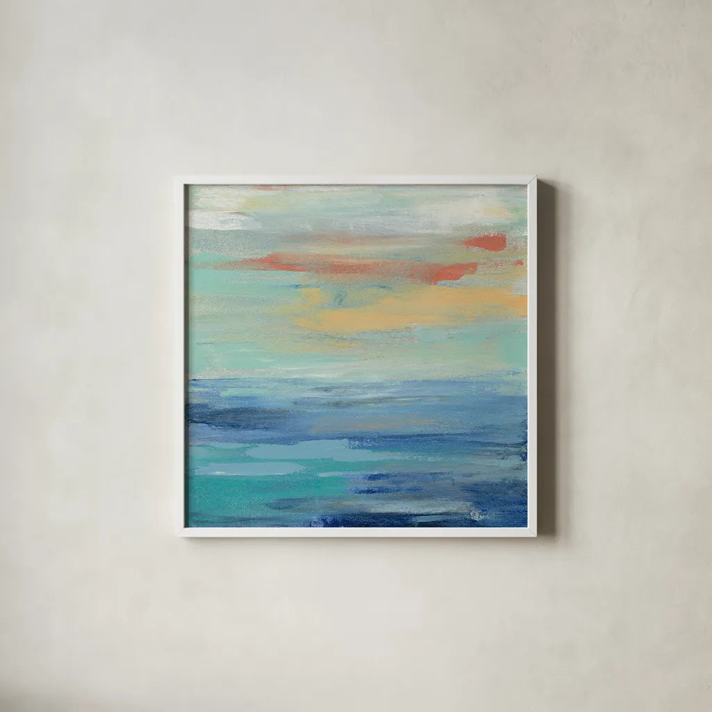 Sunset Beach II by Silvia Vassileva. Shown in a crisp white glass frame for a clean and minimalist style. Available as an archival giclee rolled canvas, fine art paper, or poster print. SKU 25217a.