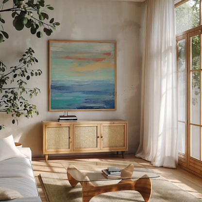 Sunset Beach II by Silvia Vassileva. Shown in a natural wood frame in a cozy modern living room. Available as an archival giclee rolled canvas, fine art paper, or poster print. SKU 25217a.