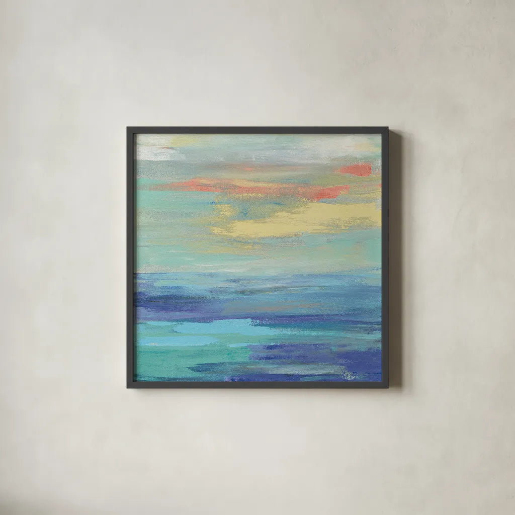 Sunset Beach II Bright by Silvia Vassileva. Shown in a sleek black glass frame for a contemporary gallery look. Available as an archival giclee rolled canvas, fine art paper, or poster print. SKU 33630a.
