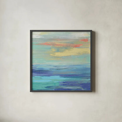Sunset Beach II Bright by Silvia Vassileva. Shown in a sleek black glass frame for a contemporary gallery look. Available as an archival giclee rolled canvas, fine art paper, or poster print. SKU 33630a.
