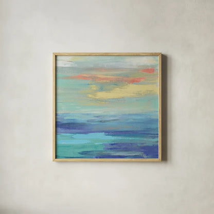 Sunset Beach II Bright by Silvia Vassileva. Shown in a natural wood glass frame for a timeless modern aesthetic. Available as an archival giclee rolled canvas, fine art paper, or poster print. SKU 33630a.