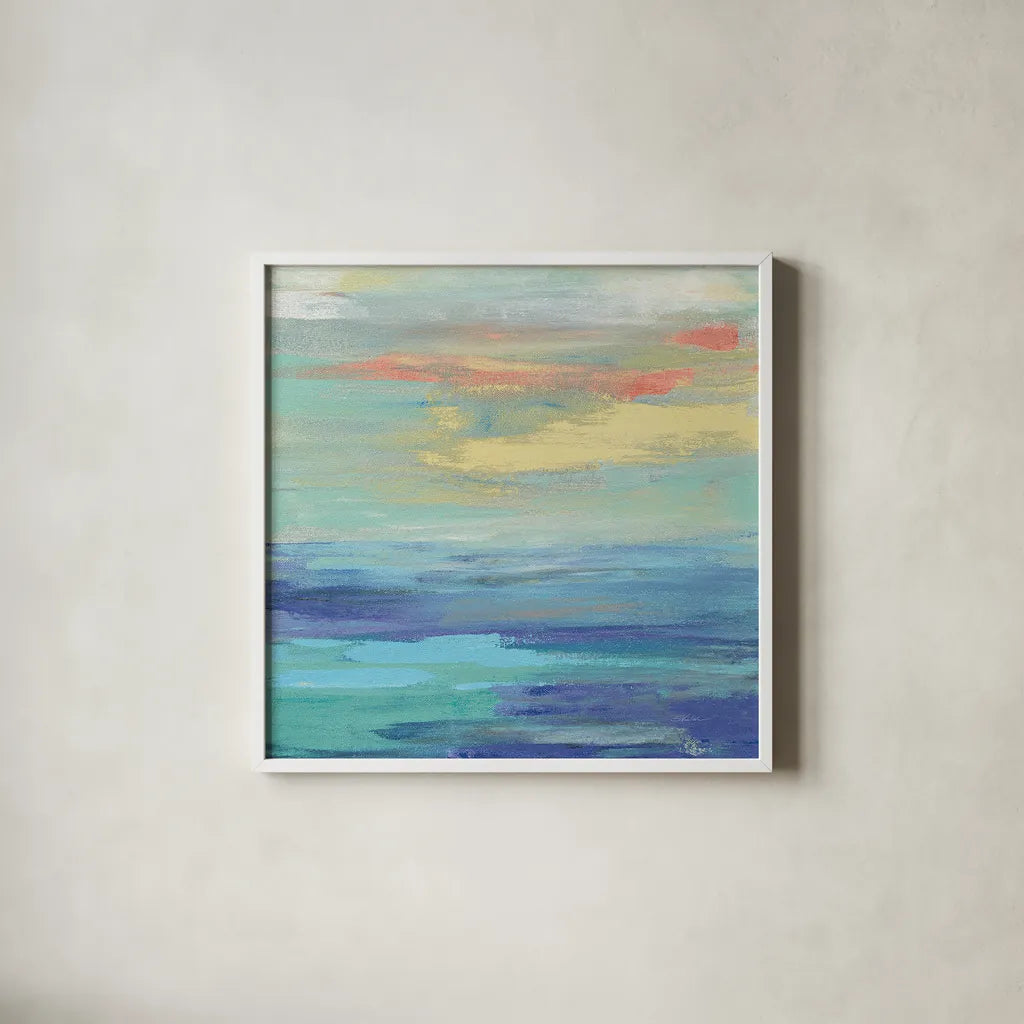 Sunset Beach II Bright by Silvia Vassileva. Shown in a crisp white glass frame for a clean and minimalist style. Available as an archival giclee rolled canvas, fine art paper, or poster print. SKU 33630a.