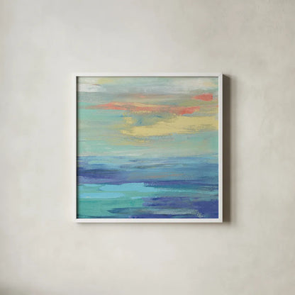 Sunset Beach II Bright by Silvia Vassileva. Shown in a crisp white glass frame for a clean and minimalist style. Available as an archival giclee rolled canvas, fine art paper, or poster print. SKU 33630a.
