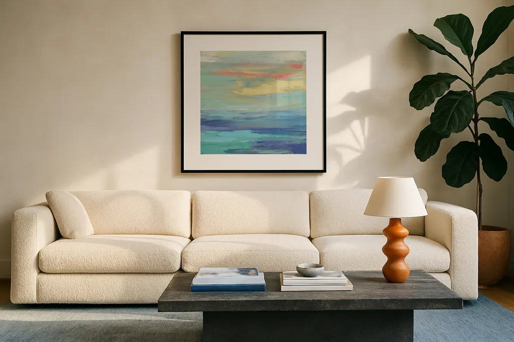 Sunset Beach II Bright by Silvia Vassileva. Displayed in a glass frame with matte in a clean modern living room. Available as an archival giclee rolled canvas, fine art paper, or poster print. SKU 33630a.